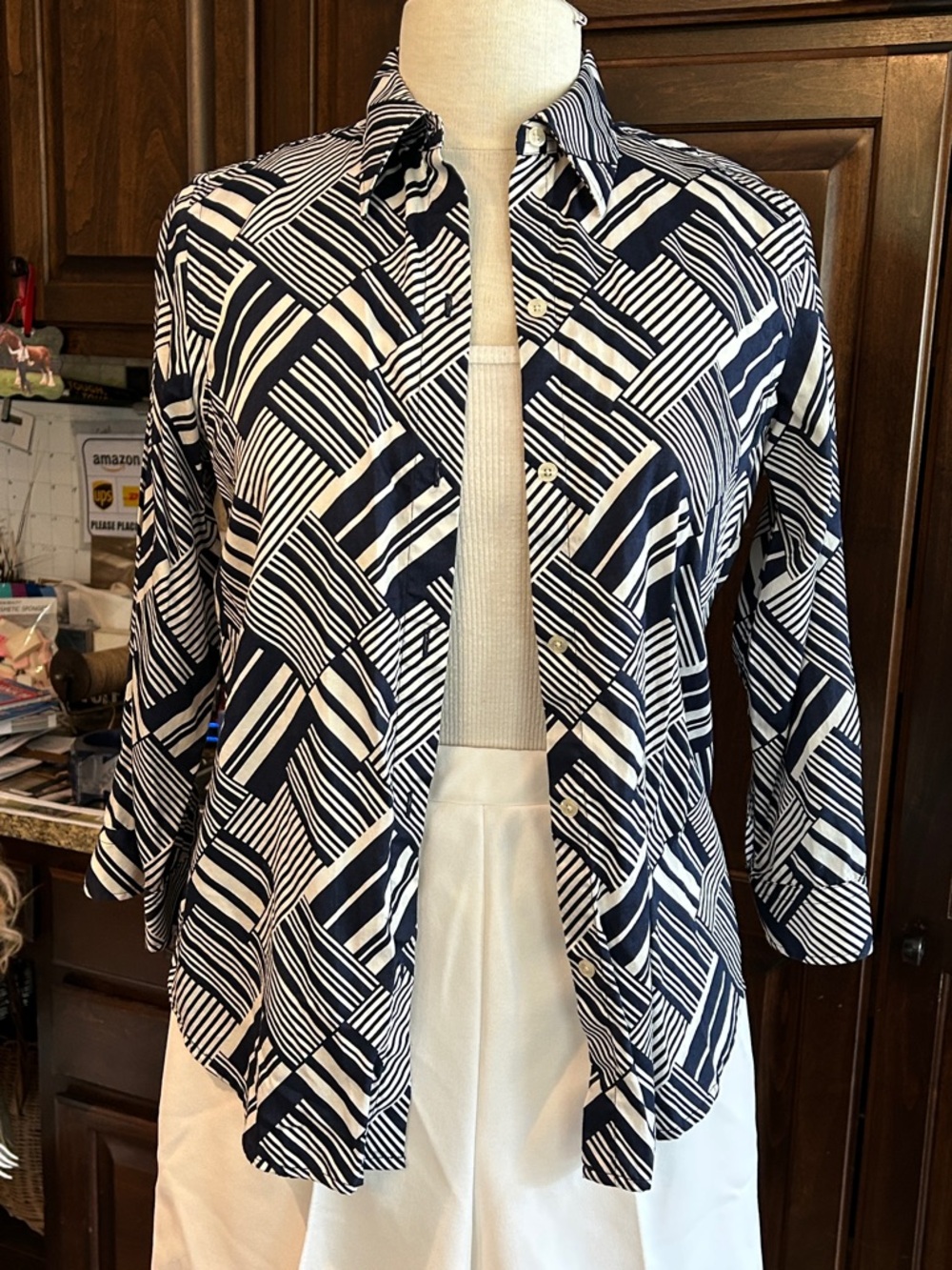 Lauren Ralph Lauren Sz S Navy and White Graphic Print 3/4 Sleeve Button-Up Shirt